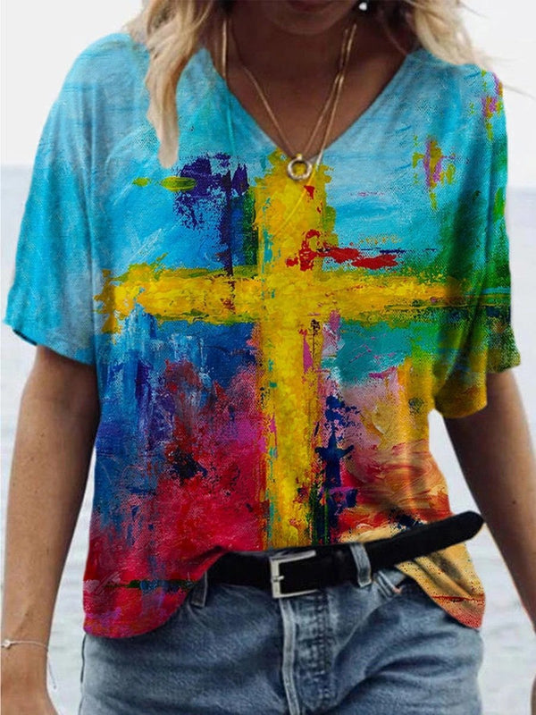 Cross Print V-neck Short Sleeve T-shirt - T-shirts - INS | Online Fashion Free Shipping Clothing, Dresses, Tops, Shoes - 08/06/2021 - Color_Blue - Size_2XL