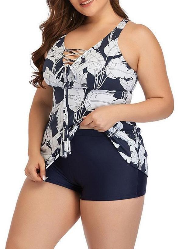 Cross Tie Print Plus Size Strap Skirt Swimsuit - Plus Swimsuits - INS | Online Fashion Free Shipping Clothing, Dresses, Tops, Shoes - 22/04/2021 - Color_Dark Blue - Plus Swimsuits