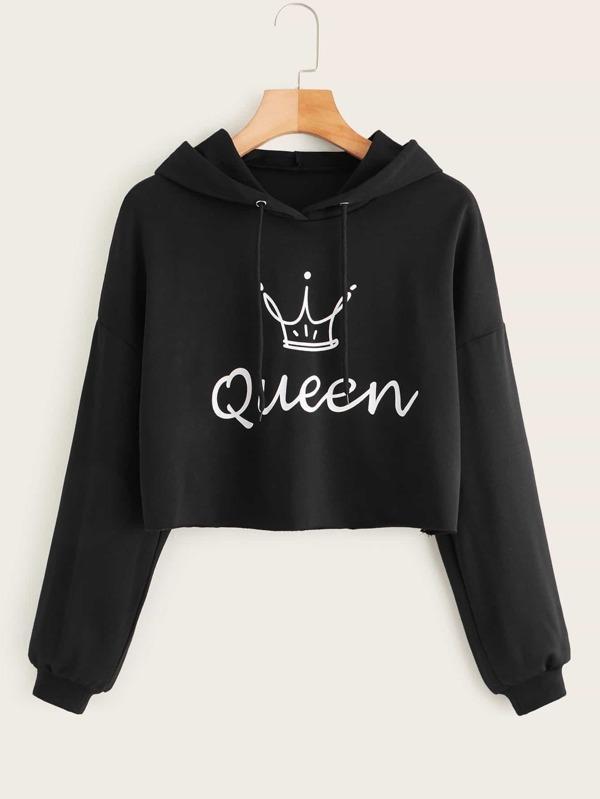 Crown & Letter Graphic Drawstring Hoodie - INS | Online Fashion Free Shipping Clothing, Dresses, Tops, Shoes