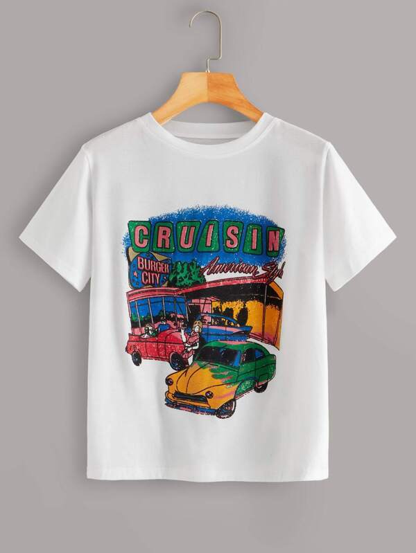 Cruisin Car Graphic Short Sleeve Tee - INS | Online Fashion Free Shipping Clothing, Dresses, Tops, Shoes