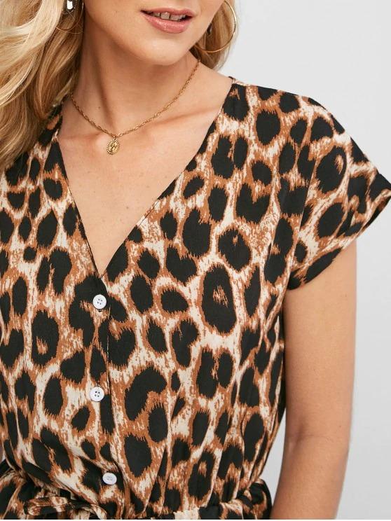 Cuffed Button Placket Leopard Jumpsuit - INS | Online Fashion Free Shipping Clothing, Dresses, Tops, Shoes