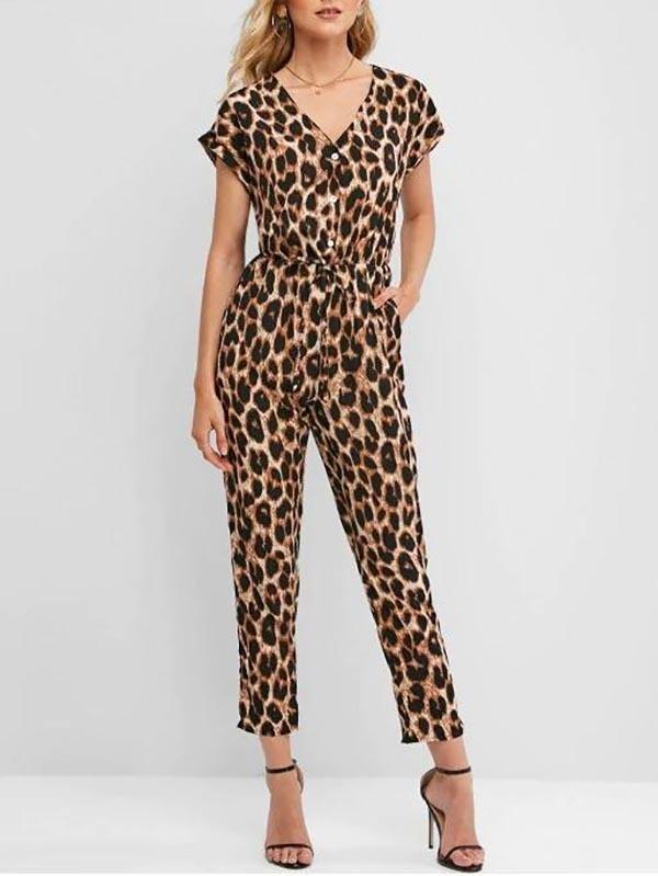 Cuffed Button Placket Leopard Jumpsuit - Bottoms - INS | Online Fashion Free Shipping Clothing, Dresses, Tops, Shoes - 02/04/2021 - Bottoms - Casual