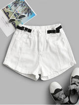 Cuffed Hem Buckled Waist Denim Shorts - INS | Online Fashion Free Shipping Clothing, Dresses, Tops, Shoes