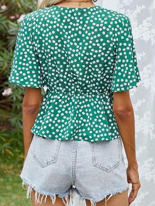 Cute Ruffle V Neck Ditsy Print Floral Blouse - Plus Blouses - INS | Online Fashion Free Shipping Clothing, Dresses, Tops, Shoes - 23/04/2021 - BLO210423007 - Blouses