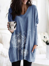 Dandelion Print Long Sleeve Top Sweater T-shirt Women - T-shirt - INS | Online Fashion Free Shipping Clothing, Dresses, Tops, Shoes - 12/05/2021 - 120521 - Color_Blue