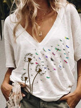 Dandelion Print Loose V-neck Short Sleeve T-shirt - T-Shirts - INS | Online Fashion Free Shipping Clothing, Dresses, Tops, Shoes - 03/06/2021 - Category_T-Shirts - Color_White