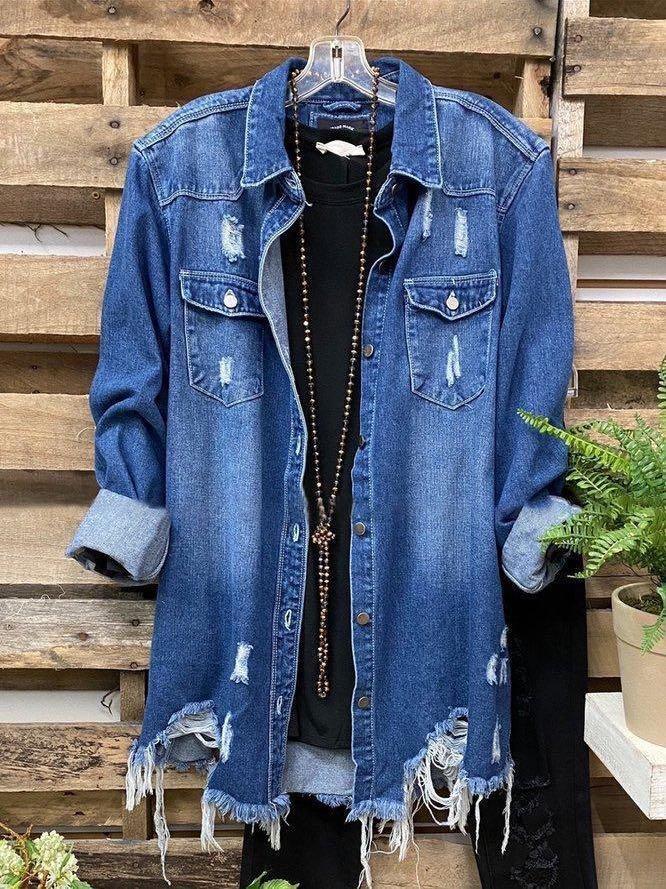 Deep Blue Denim Casual Plain Shirt Collar Outerwear - INS | Online Fashion Free Shipping Clothing, Dresses, Tops, Shoes