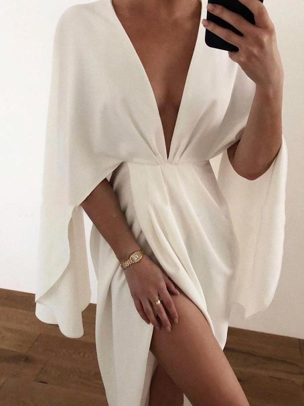 Deep V Cloak Solid Long Sleeve Dress - Midi Dresses - INS | Online Fashion Free Shipping Clothing, Dresses, Tops, Shoes - 15/06/2021 - Category_Midi Dresses - Color_White
