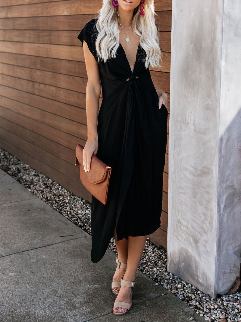 Deep V-knotted Short Sleeve Slim Dress - Midi Dresses - INS | Online Fashion Free Shipping Clothing, Dresses, Tops, Shoes - 06/07/2021 - 10-20 - color-black