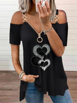 Deep V Metal Sling Zipper Off-shoulder Short Sleeve T-shirt - T-Shirts - INS | Online Fashion Free Shipping Clothing, Dresses, Tops, Shoes - 31/05/2021 - Category_T-Shirts - Color_Black