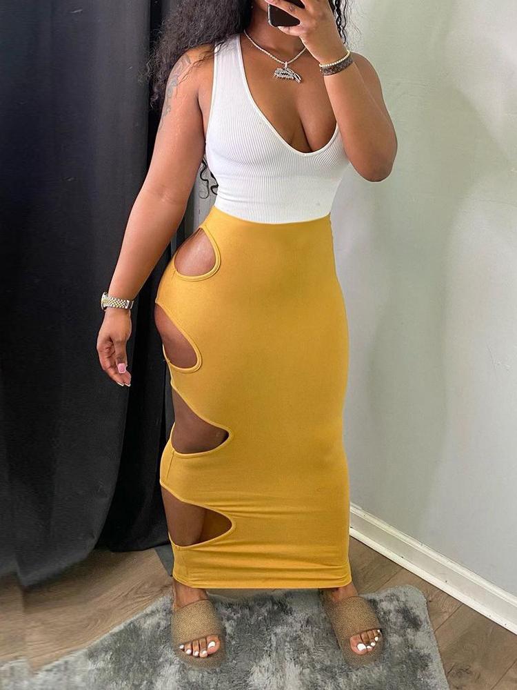 Deep V-neck Colorblock Cutout Thick Strap Maxi Dress - Maxi Dresses - INS | Online Fashion Free Shipping Clothing, Dresses, Tops, Shoes - 26/04/2021 - Color_Black - Color_Yellow