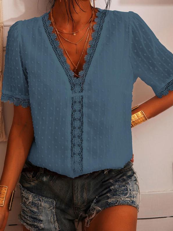 Deep V-neck Embroidered Lace Chiffon Blouse - Blouses - INS | Online Fashion Free Shipping Clothing, Dresses, Tops, Shoes - 03/06/2021 - BLO2106030001 - Blouses