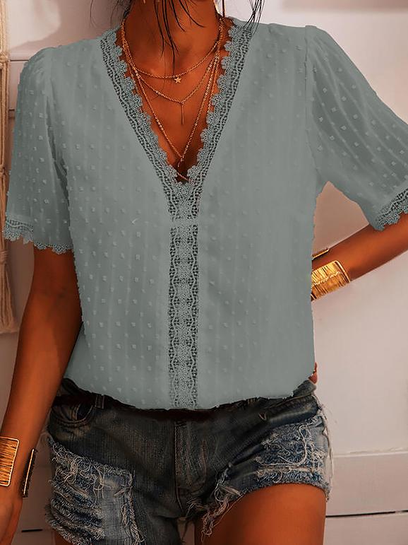 Deep V-neck Embroidered Lace Chiffon Blouse - Blouses - INS | Online Fashion Free Shipping Clothing, Dresses, Tops, Shoes - 03/06/2021 - BLO2106030001 - Blouses