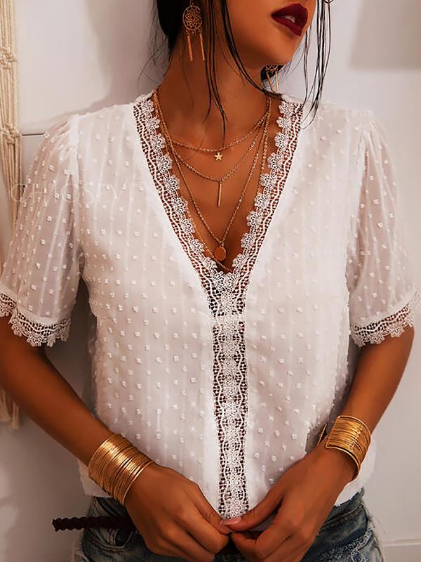 Deep V-neck Embroidered Lace Chiffon Blouse - Blouses - INS | Online Fashion Free Shipping Clothing, Dresses, Tops, Shoes - 03/06/2021 - BLO2106030001 - Blouses