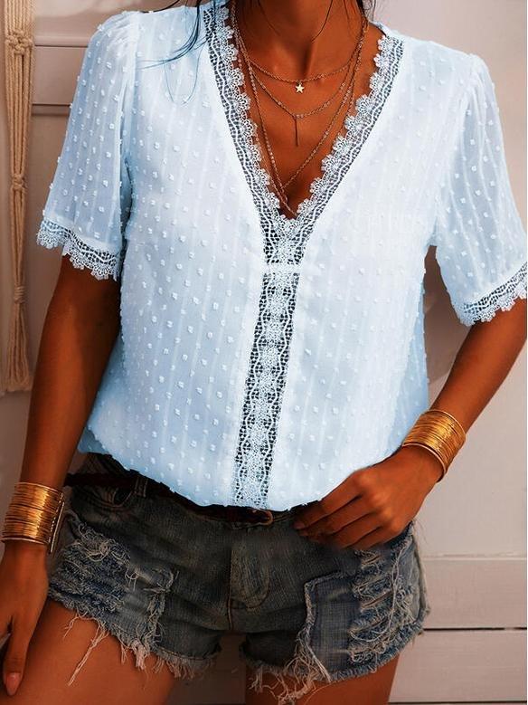 Deep V-neck Embroidered Lace Chiffon Blouse - Blouses - INS | Online Fashion Free Shipping Clothing, Dresses, Tops, Shoes - 03/06/2021 - BLO2106030001 - Blouses