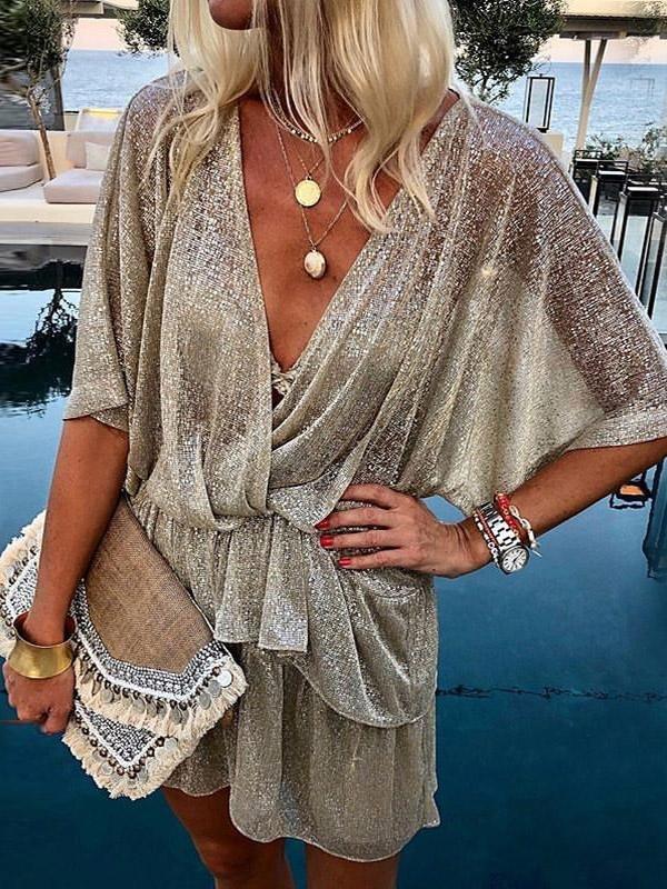 Deep V-Neck Five-Point Sleeve Bright Dress - Mini Dresses - INS | Online Fashion Free Shipping Clothing, Dresses, Tops, Shoes - 27/07/2021 - 30-40 - Category_Mini Dresses