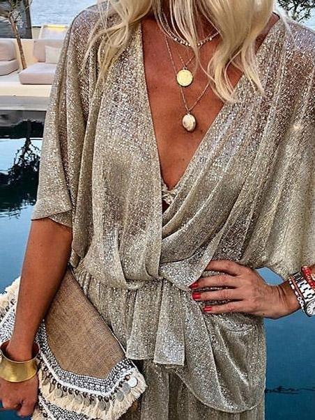 Deep V-Neck Five-Point Sleeve Bright Dress - Mini Dresses - INS | Online Fashion Free Shipping Clothing, Dresses, Tops, Shoes - 27/07/2021 - 30-40 - Category_Mini Dresses