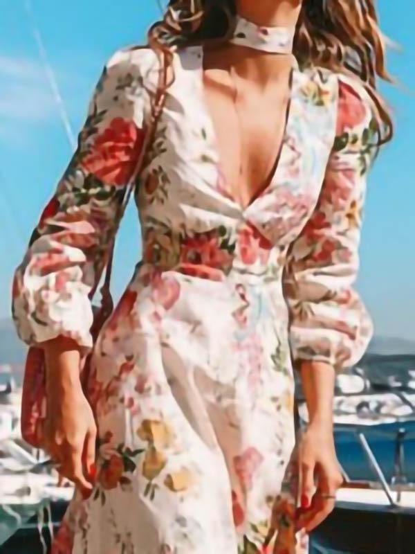 Deep V Neck Long Sleeve Printed Dress - Maxi Dresses - INS | Online Fashion Free Shipping Clothing, Dresses, Tops, Shoes - 05/06/2021 - Color_White - DRE2106050110