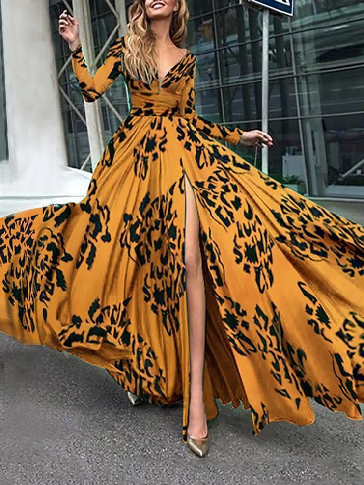 Deep V-neck Long-sleeved High-slit Evening Gown - Maxi Dresses - INS | Online Fashion Free Shipping Clothing, Dresses, Tops, Shoes - 03/07/2021 - 30-40 - color-yellow