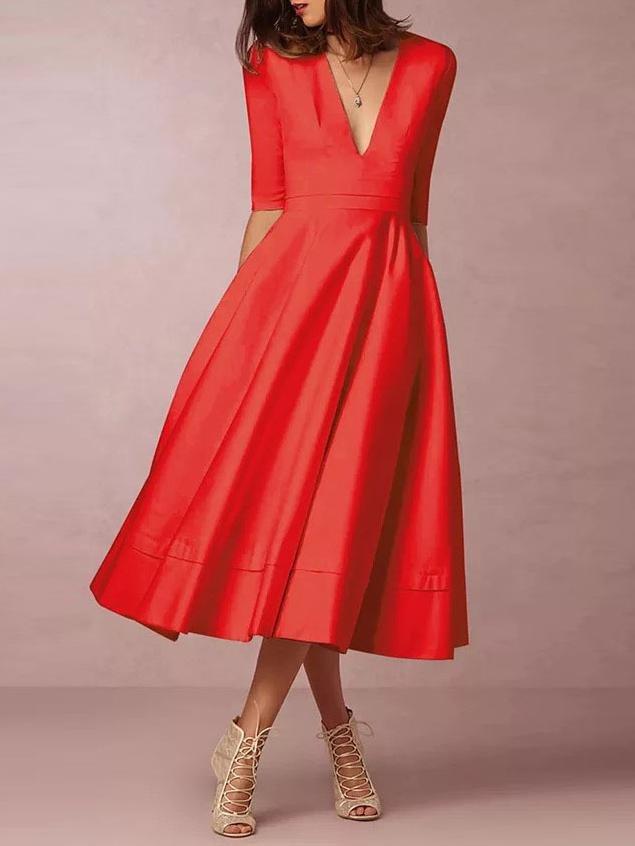 Deep V Neck Mid-sleeve Midi Dress - Midi Dresses - INS | Online Fashion Free Shipping Clothing, Dresses, Tops, Shoes - 07/06/2021 - Color_Black - Color_Red