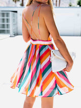 Deep V-Neck Sleeveless Multicolor Striped Dress - Mini Dresses - INS | Online Fashion Free Shipping Clothing, Dresses, Tops, Shoes - 20-30 - 22/07/2021 - Category_Mini Dresses