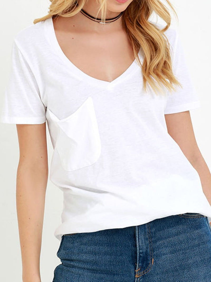 Deep V-Neck Solid Short Sleeve Casual T-Shirt - T-Shirts - INS | Online Fashion Free Shipping Clothing, Dresses, Tops, Shoes - 10-20 - 15/07/2021 - Category_T-Shirts