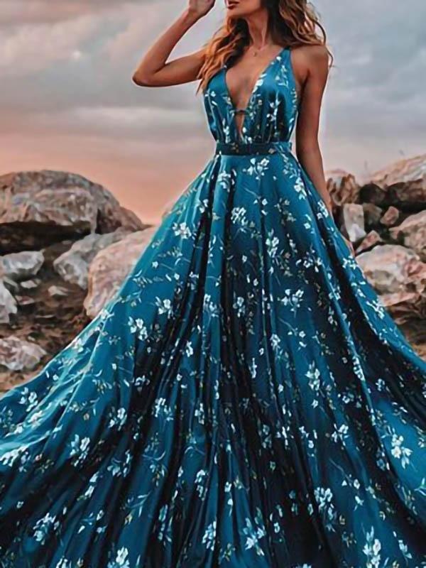 Deep V Sleeveless Sling Print Flowy Dress - Maxi Dresses - INS | Online Fashion Free Shipping Clothing, Dresses, Tops, Shoes - 05/06/2021 - Color_Blue - DRE2106050107