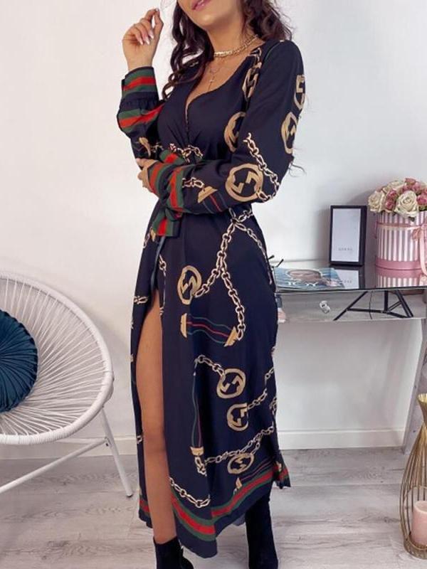 Deep V Slit Maxi Dress With Printed Belt - Maxi Dresses - INS | Online Fashion Free Shipping Clothing, Dresses, Tops, Shoes - 07/07/2021 - 30-40 - Category_Maxi Dresses