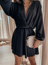 Deep V Solid Color Long Sleeve High Waist Dress - Mini Dresses - INS | Online Fashion Free Shipping Clothing, Dresses, Tops, Shoes - 01/06/2021 - Category_Mini Dresses - Color_Black