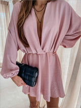 Deep V Solid Color Long Sleeve High Waist Dress - Mini Dresses - INS | Online Fashion Free Shipping Clothing, Dresses, Tops, Shoes - 01/06/2021 - Category_Mini Dresses - Color_Black