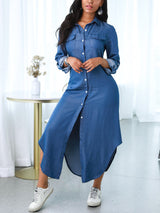 Denim Button Through Slit Shirt Dress - Shirt Dresses - INS | Online Fashion Free Shipping Clothing, Dresses, Tops, Shoes - 29/04/2021 - Category_Shirt Dresses - Color_Blue