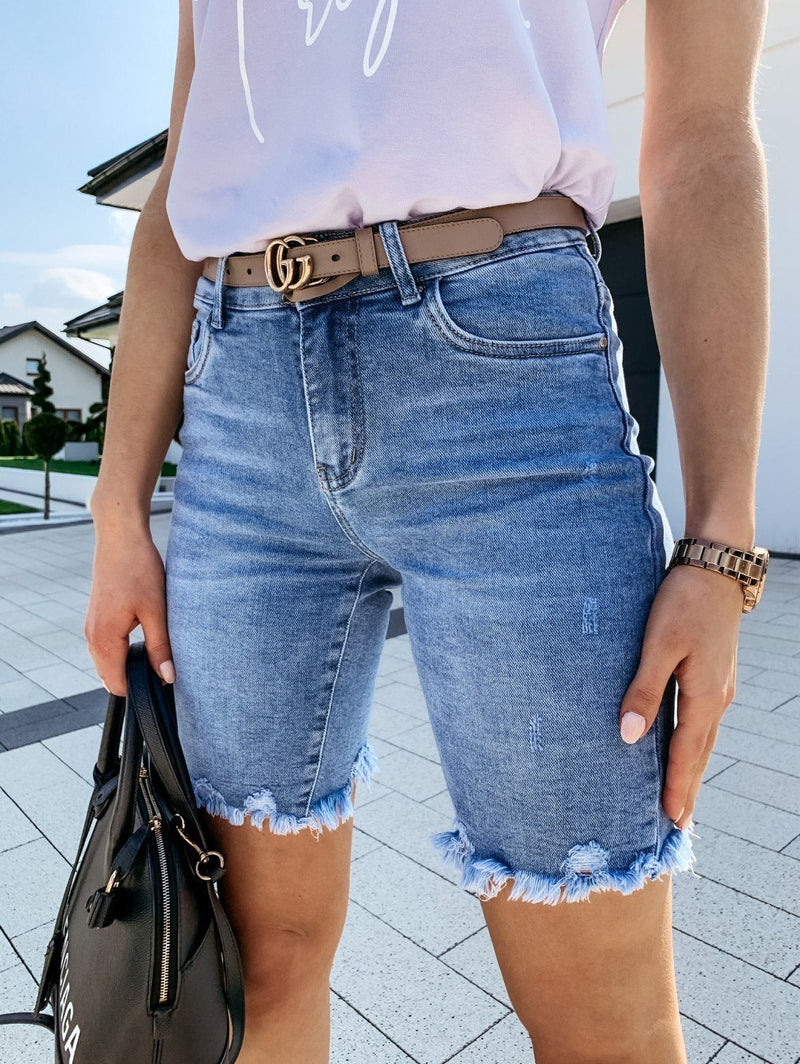 Denim Shorts With Ripped Holes And Washed Metal Buttons - Denim Shorts - INS | Online Fashion Free Shipping Clothing, Dresses, Tops, Shoes - 21/04/2021 - Category_Denim Shorts - Color_LightBlue