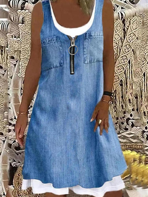 Denim Sleeveless Round Neck Casual Dress - Midi Dresses - INS | Online Fashion Free Shipping Clothing, Dresses, Tops, Shoes - 05/06/2021 - Category_Midi Dresses - Color_Blue