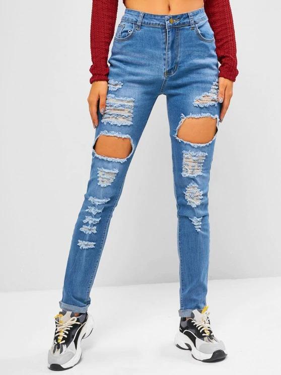 Destroyed Cuff Hem Skinny Jeans - INS | Online Fashion Free Shipping Clothing, Dresses, Tops, Shoes