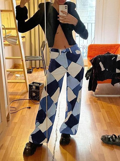 Diamond Check Print Contrast High-waisted Straight-leg Jeans - Jeans - INS | Online Fashion Free Shipping Clothing, Dresses, Tops, Shoes - 02/07/2021 - 40-50 - Bottoms