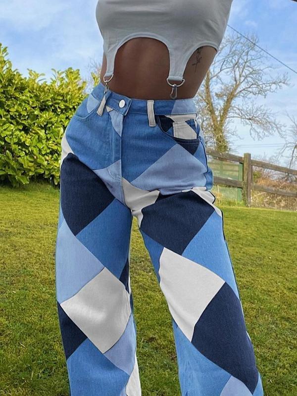 Diamond Check Print Contrast High-waisted Straight-leg Jeans - Jeans - INS | Online Fashion Free Shipping Clothing, Dresses, Tops, Shoes - 02/07/2021 - 40-50 - Bottoms