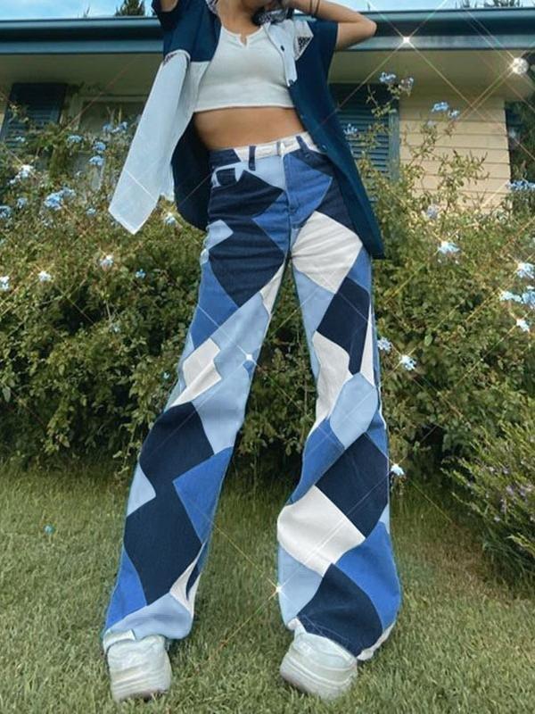 Diamond Check Print Contrast High-waisted Straight-leg Jeans - Jeans - INS | Online Fashion Free Shipping Clothing, Dresses, Tops, Shoes - 02/07/2021 - 40-50 - Bottoms