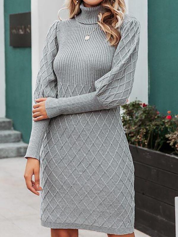 Diamond Knit Gigot Sleeve Funnel Neck Sweater Dress Without Belt - Dresses - INS | Online Fashion Free Shipping Clothing, Dresses, Tops, Shoes - 02/02/2021 - Autumn - Beige
