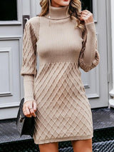 Diamond Knit Gigot Sleeve Funnel Neck Sweater Dress Without Belt - Dresses - INS | Online Fashion Free Shipping Clothing, Dresses, Tops, Shoes - 02/02/2021 - Autumn - Beige
