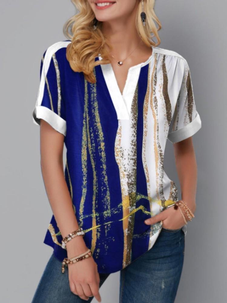 Digital Printed V-neck Short-sleeved Top - T-shirts - INS | Online Fashion Free Shipping Clothing, Dresses, Tops, Shoes - 10-20 - 19/06/2021 - color-blue