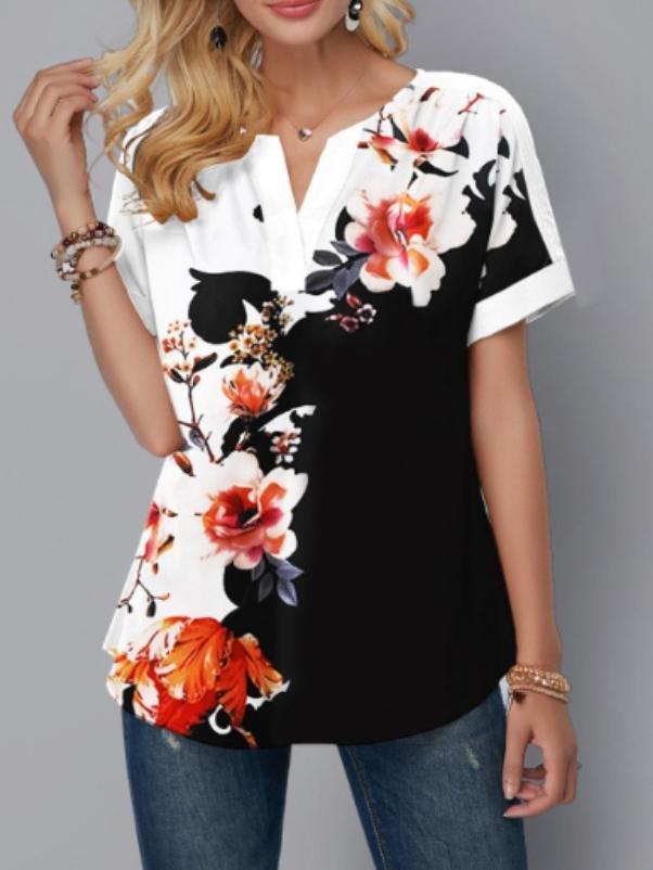Digital Printed V-neck Short-sleeved Top - T-shirts - INS | Online Fashion Free Shipping Clothing, Dresses, Tops, Shoes - 10-20 - 19/06/2021 - color-blue