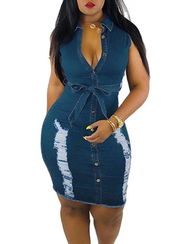 Distressed Denim Button Sleeveless Frayed Mini Dress With Belt - Mini Dresses - INS | Online Fashion Free Shipping Clothing, Dresses, Tops, Shoes - 23/04/2021 - Color_Black - Color_Dark Blue