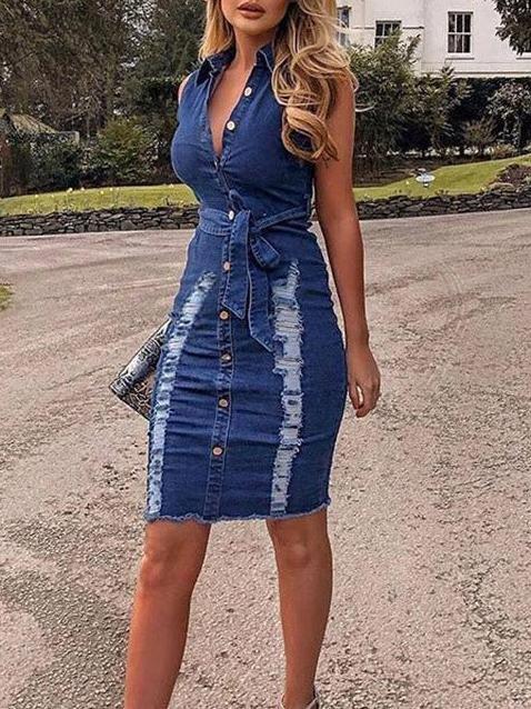 Distressed Denim Button Sleeveless Frayed Mini Dress With Belt - Mini Dresses - INS | Online Fashion Free Shipping Clothing, Dresses, Tops, Shoes - 23/04/2021 - Color_Black - Color_Dark Blue
