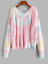 Distressed Frayed Tie Dye Oversized Sweater - INS | Online Fashion Free Shipping Clothing, Dresses, Tops, Shoes