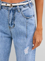 Distressed High Waisted Ninth Tapered Jeans - INS | Online Fashion Free Shipping Clothing, Dresses, Tops, Shoes