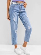 Distressed High Waisted Ninth Tapered Jeans - INS | Online Fashion Free Shipping Clothing, Dresses, Tops, Shoes