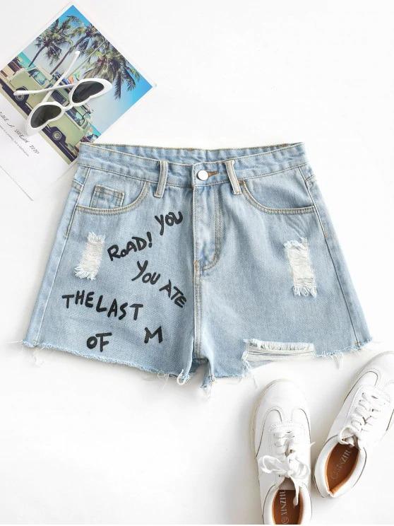 Distressed Letter Graphic Denim Shorts - INS | Online Fashion Free Shipping Clothing, Dresses, Tops, Shoes