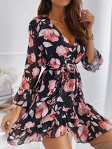 Disty Print Ruffle Half Sleeve And Hem Mini Dress - Mini Dresses - INS | Online Fashion Free Shipping Clothing, Dresses, Tops, Shoes - 23/04/2021 - Catagory_Mini Dresses - Color_Black