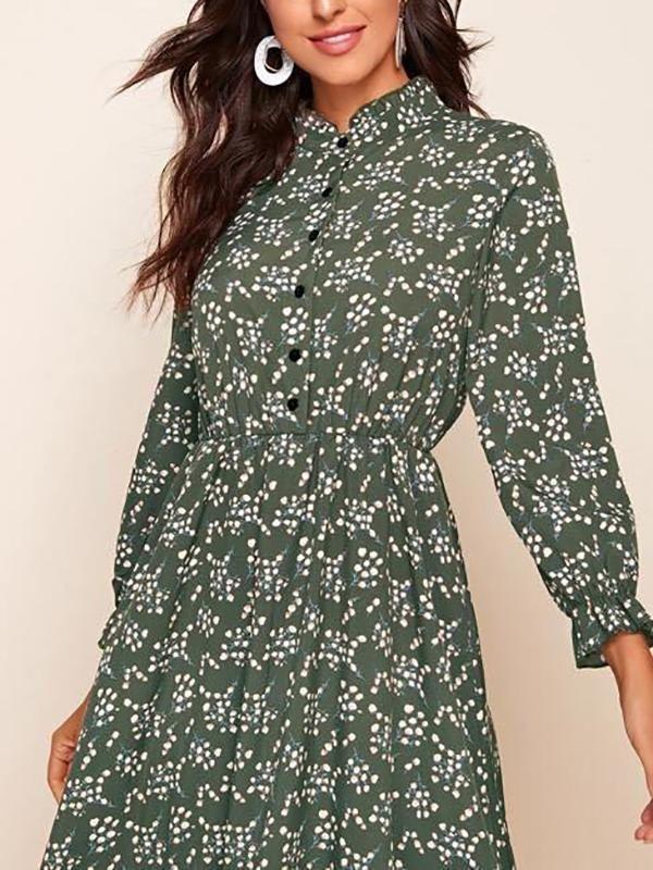 Ditsy Floral Flounce Sleeve Shirt Dress - Dresses - INS | Online Fashion Free Shipping Clothing, Dresses, Tops, Shoes - 01/27/2021 - chiffon-dress - Color_Green