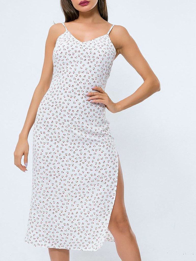 Ditsy Print Slit Midi Dress - Midi Dresses - INS | Online Fashion Free Shipping Clothing, Dresses, Tops, Shoes - 12/03/2021 - Color_Red - Color_White